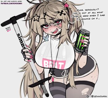 1girl absurdres asymmetrical_legwear bite_mark bite_mark_on_leg bite_mark_on_thigh black_choker black_gloves black_shorts black_thighhighs blonde_hair blush breasts bright_pupils butterfly_earrings can choker clothes_writing commentary cowboy_shot dokidomiki dolphin_shorts drink_can earrings english_commentary english_text fingerless_gloves fingernails gauze gauze_on_cheek gauze_on_face gloves hair_between_eyes hair_ornament highres holding holding_can holding_pogo_stick instagram_logo jewelry large_breasts leaning_forward long_fingernails long_hair looking_at_viewer makeup messy_hair miki_(dokidomiki) mismatched_legwear monster_energy nail_polish open_mouth original patreon_username pink_eyes pink_nails pogo_stick runny_makeup shirt short_shorts short_sleeves shorts simple_background skindentation smile solo star_(symbol) star_hair_ornament striped_clothes striped_gloves striped_thighhighs sweat syringe_necklace talking thick_thighs thighhighs thighs tiktok_logo torn_clothes torn_thighhighs twitter_username twitter_x_logo uneven_bangs very_long_hair white_background white_pupils white_shirt x_hair_ornament