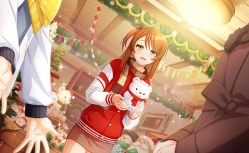 Rule 34 | 1boy, 1girl, blush, brown hair, christmas, christmas tree, commentary request, game cg, green eyes, hair ornament, highres, holding, long hair, long sleeves, looking at viewer, official art, open mouth, smile, stuffed animal, stuffed toy, sweater, third-party source, world dai star, yorozu iruru