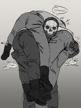 2boys 4boys bara black_hair call_of_duty call_of_duty:_modern_warfare_2 captain_price carrying carrying_multiple_people carrying_over_shoulder carrying_person couple english_text feet_out_of_frame gaz_(call_of_duty_4) ghost_(modern_warfare_2) grabbing_another&#039;s_ass groping highres male_focus mask mature_male multiple_boys muscular muscular_male ser_(s3rrrpentine) skull_mask soap_(modern_warfare_2) solo_focus thick_eyebrows yaoi