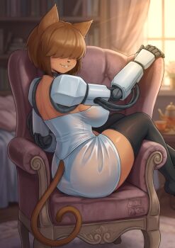 1girl ass breasts brown_hair cat_girl chair cleavage fang furry gameoverse glitch_productions hair_over_eyes huge_breasts mature_female mechanical_arms tail tina_(gameoverse)
