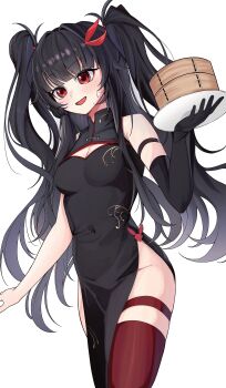 1girl absurdres arm_strap bare_shoulders beerbear_7321 black_dress black_gloves black_hair breasts china_dress chinese_clothes cleavage cleavage_cutout clothing_cutout commission covered_navel cowboy_shot dress elbow_gloves gloves gradient_hair hair_ribbon highres long_hair looking_ahead medium_breasts multicolored_hair no_panties open_mouth original pelvic_curtain red_eyes red_thighhighs ribbon single_elbow_glove sleeveless sleeveless_dress smile solo sweatdrop thigh_strap thighhighs thighs transparent_background two_side_up very_long_hair