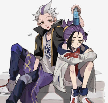 2boys black_hair blue_socks blush bottle clothes_around_waist commentary_request crossed_arms drayton_(pokemon) flying_sweatdrops gloves grey_background grey_hair highres holding holding_bottle jacket kieran_(pokemon) korean_commentary long_sleeves male_focus multiple_boys nintendo off_shoulder open_clothes open_jacket open_mouth pants pokemon pokemon_sv pokesol_1083 purple_hair red_gloves red_tank_top shoes simple_background single_glove sitting socks spiked_hair tank_top white_shoes yellow_eyes