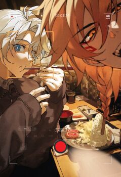 Rule 34 | 2boys, alternate costume, antenna hair, black jacket, blonde hair, blue eyes, braid, chopsticks, commentary request, eating, facial tattoo, gradient hair, highres, holding, holding chopsticks, honkai: star rail, honkai (series), jacket, korean commentary, looking at viewer, male focus, medium hair, multicolored hair, multiple boys, mydei (honkai: star rail), open mouth, parted bangs, phainon (honkai: star rail), red hair, red tattoo, savior33550336, selfie, short hair, side braid, sleeves past wrists, tattoo, teeth, viewfinder, white hair, yellow eyes