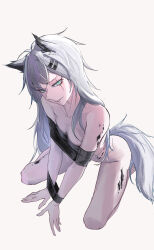 Rule 34 | 1girl, animal ear fluff, animal ears, aqua eyes, arknights, arm support, backlighting, bound, bound arms, breasts, breasts apart, collarbone, commentary, completely nude, eyeliner, from above, from side, full body, grey background, grey hair, grey tail, grin, hair between eyes, hair ornament, hairclip, half-closed eyes, highres, kneeling, lappland (arknights), leaning forward, legs, long hair, looking at viewer, looking to the side, looking up, makeup, material growth, medium breasts, messy hair, nude, oripathy lesion (arknights), pale skin, parted lips, red eyeliner, scar, scar across eye, scar on face, shade, shadow, simple background, smile, solo, tail, teeth, tflop (tea flop), thighs, very long hair, wolf ears, wolf girl, wolf tail