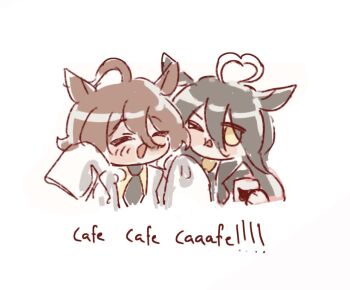 Rule 34 | 2girls, agnes tachyon (umamusume), ahoge, animal ears, black hair, brown hair, closed mouth, commentary, cropped torso, english commentary, english text, hair between eyes, horse ears, horse girl, huge ahoge, lab coat, long hair, long sleeves, manhattan cafe (umamusume), multiple girls, nehlynn1, one eye closed, shirt, simple background, sleeves past fingers, sleeves past wrists, smile, umamusume, white background, yellow eyes