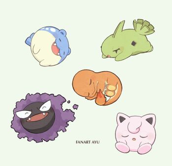 Rule 34 | :3, :d, artist name, ayu (mog), charmander, closed eyes, closed mouth, commentary request, fangs, gastly, gen 1 pokemon, gen 2 pokemon, gen 3 pokemon, green background, jigglypuff, larvitar, nintendo, no humans, open mouth, pokemon, pokemon (creature), pokemon focus, pokemon sleep, simple background, smile, spheal