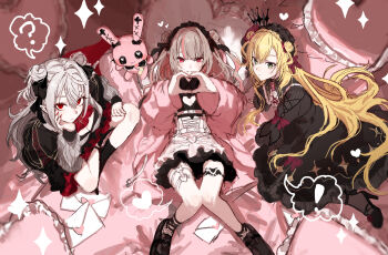 Rule 34 | 1boy, 2girls, ?, apron, black dress, black hairband, black shoes, blonde hair, breasts, brown hair, chest harness, cleavage, crossdressing, crossdressing (mtf), crown, double bun, dress, fishnet socks, fishnets, green eyes, hair bun, hair intakes, hairband, harness, heart, heart hands, highres, jacket, kuzuha (nijisanji), long hair, looking at viewer, loser kings, maid headdress, makaino ririmu, makaino ririmu (5th costume), medium breasts, multicolored hair, multiple girls, nagikiho, nijisanji, official alternate costume, pink jacket, red eyes, sanya (kuzuha), shoes, socks, sparkle, spoken question mark, streaked hair, tattoo, thigh strap, trap, two-tone hair, uzuki kou, uzuki kou (4th costume), virtual youtuber, waist apron, white hair, winged heart, winged heart tattoo