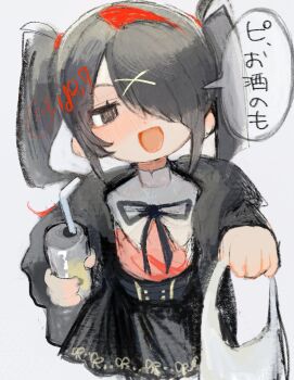 1girl alcohol ame-chan_(needy_girl_overdose) bag can drink_can hair_over_one_eye highres holding holding_bag holding_can looking_at_viewer naishukketsukata needy_girl_overdose open_mouth solo speech_bubble translation_request twintails upper_body