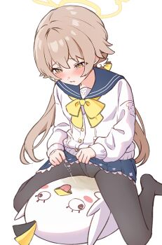 1girl accident black_panties black_pantyhose blonde_hair blue_archive blue_sailor_collar blue_skirt blush bow bowtie brcl7777 cardigan clothes_lift commentary_request crying embarrassed halo hifumi_(blue_archive) lifting_own_clothes long_hair low_twintails miniskirt no_shoes panties pantyhose pee pee_puddle pee_stain peroro_(blue_archive) sailor_collar simple_background sitting skirt skirt_lift solo solo_focus stuffed_toy tearing_up twintails underwear white_background white_cardigan yellow_bow yellow_bowtie yellow_eyes yellow_halo