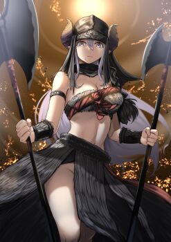 1girl absurdres alternate_costume armlet armor armpit_crease bandana bandana_around_neck bandeau barbarian bracer breasts brown_background brown_horns cleavage closed_mouth coif commentary_request demon_horns dual_wielding embers eyelashes feet_out_of_frame forehead_protector frown fur_bandeau fur_skirt gradient_horns grey_bandana groin hair_between_eyes halberd highres holding holding_polearm holding_weapon honey_strap horns jewelry linea_alba long_bangs long_hair long_sidelocks long_skirt looking_at_viewer medium_breasts mole mole_under_mouth multicolored_horns nanashi_inc. navel polearm purple_eyes purple_hair purple_horns saionji_mary sankyo_(821-scoville) shoulder_armor side_slit sidelocks single_bare_shoulder skirt solo split_mouth sun very_long_hair virtual_youtuber warrior weapon