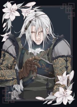 Rule 34 | 1boy, absurdres, black bow, bow, chain, closed mouth, coat, commentary, cosplay, english commentary, final fantasy, final fantasy vii, final fantasy vii: ever crisis, flower, fur-trimmed coat, fur trim, grey hair, hair between eyes, highres, holding, holding flower, lily (flower), long hair, male focus, metal gloves, nier (brother), nier (brother) (cosplay), official alternate costume, parted bangs, sephiroth, shanlieart, solo, upper body, white eyes, white flower