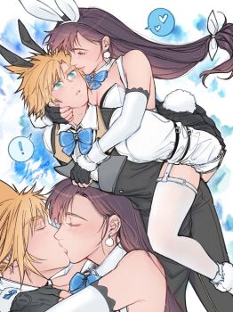 ! 1boy 1girl alternate_costume animal_ears arms_around_neck bare_shoulders black_gloves black_hair black_pants black_vest blonde_hair blue_eyes blush bow breasts brown_hair carrying cleavage cloud_strife collared_shirt cosplay couple detached_sleeves earrings feet_out_of_frame final_fantasy final_fantasy_vii final_fantasy_vii:_ever_crisis fingerless_gloves garter_straps gloves hair_bow hand_on_another&#039;s_cheek hand_on_another&#039;s_face heart hetero jewelry kiss large_breasts linono long_hair looking_at_another low-tied_long_hair official_alternate_costume pants parted_lips piggyback pom_pom_(clothes) pom_pom_earrings rabbit_ears rabbit_tail shirt spiked_hair spoken_exclamation_mark spoken_heart tail thighhighs tifa_lockhart tifa_lockhart_(bunny_bustier) vest white_bow white_shirt white_sleeves white_thighhighs zack_fair zack_fair_(bunny_butler) zack_fair_(cosplay)