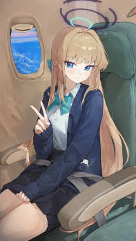 1girl absurdres airplane_interior aqua_bow aqua_bowtie black_halo black_skirt blonde_hair blue_archive blue_cardigan blue_eyes bow bowtie braid cardigan chair closed_mouth collared_shirt commentary_request doodle_sensei_(blue_archive) feet_out_of_frame half_up_braid halo hand_up highres jianjia long_hair long_sleeves looking_at_viewer multicolored_hair on_chair open_cardigan open_clothes partial_commentary pleated_skirt school_uniform sensei_(blue_archive) shirt shirt_tucked_in sitting skirt sleeves_past_wrists smile solo straight_hair streaked_hair toki_(blue_archive) toki_(school_uniform)_(blue_archive) v very_long_hair white_shirt wing_collar