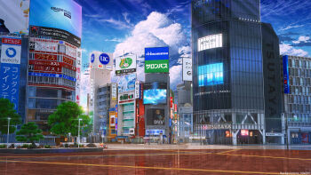blue_sky building bus_stop city cloud commentary_request day display highres lamppost no_humans original outdoors real_world_location road scenery shibuya_(tokyo) shibuya_scramble_crossing sign sitai_xiii sky skyscraper storefront tokyo_(city) tree window