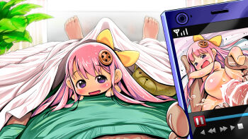 1boy 1girl bad_id bad_pixiv_id bar_censor barefoot blanket blush bow bulge buttons cellphone censored chipokan cum erection erection_under_clothes fairy flat_chest girl_on_top hair_bow hetero highres koonago loli long_hair looking_at_viewer looking_up lying mini_person minigirl nipples nude open_mouth penis personification phone pink_hair pov purple_eyes screen sex size_difference smile solo_focus stomach_bulge stuffed_animal stuffed_toy tipokan under_covers vaginal wavy_mouth yellow_bow