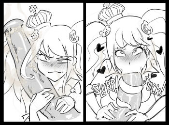 1boy 1girl :>= ahegao animal_penis bestiality blonde_hair blue_eyes blush crown crying crying_with_eyes_open danganronpa_(series) drooling enoshima_junko fellatio gerph greyscale gyaru hair_ornament heart heart-shaped_pupils hetero highres horse horse_penis huge_penis instant_loss long_hair long_tongue monochrome oral penis saliva saliva_trail school_uniform sketch smegma smell symbol-shaped_pupils tears tongue tongue_out tongue_wrap twintails wavy_mouth