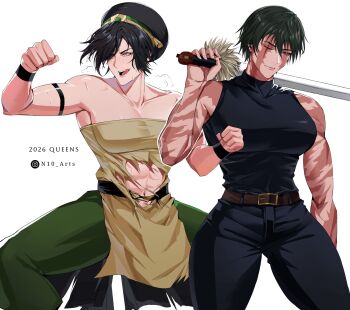 2girls abs alternate_breast_size_(larger) avatar:_aang_the_last_airbender avatar_legends bare_shoulders belt black_hair black_pants black_shirt blind breasts brown_belt burn_scar closed_mouth green_hair green_hairband green_pants grey_eyes hair_between_eyes hair_bun hairband highres holding holding_sword holding_weapon jujutsu_kaisen large_breasts multiple_girls muscular muscular_female n10_arts navel open_mouth pants scar scar_on_arm scar_on_face scars_all_over shirt short_hair single_hair_bun sleeveless sleeveless_shirt smile strapless sword tongue tongue_out too_many toph_beifong torn_clothes weapon wristband zen'in_maki zen'in_maki_(post_shibuya)