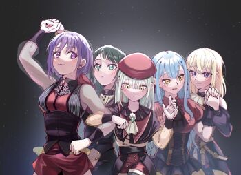 5girls :3 amoris_(bang_dream!) ascot ave_mujica_(bang_dream!) bang_dream! bang_dream!_it&#039;s_mygo!!!!! beret black_ascot black_capelet black_corset black_dress black_hair black_pants black_ribbon blonde_hair blue_hair blush breasts brooch brown_corset capelet clothing_cutout commentary_request corset doki_(oox3o) doloris_(bang_dream!) dress green_eyes green_hair hair_between_eyes hair_ribbon hat holding_hands indoors jewelry light_particles locked_arms long_hair long_sleeves medium_breasts misumi_uika mortis_(bang_dream!) mortis_(costume)_(bang_dream!) multiple_girls oblivionis_(bang_dream!) open_mouth pants parted_lips puffy_short_sleeves puffy_sleeves purple_eyes purple_hair red_hat red_shirt red_shorts ribbon see-through_clothes see-through_sleeves shirt short_hair short_sleeves shorts shoulder_cutout sidelocks timoris_(bang_dream!) togawa_sakiko wakaba_mutsumi white_ascot yahata_umiri yellow_eyes yuutenji_nyamu