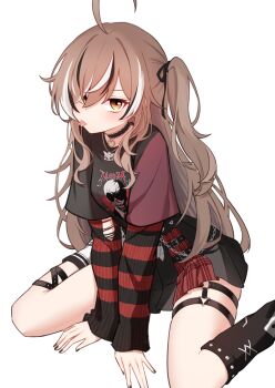 1girl absurdres ahoge asymmetrical_legwear bakedmonogamy black_choker black_leg_warmers black_nails black_ribbon black_shirt black_skirt black_sweater brown_eyes brown_hair choker commentary english_commentary hair_between_eyes hair_over_one_eye hair_ribbon heart heart_choker highres hololive hololive_english huge_ahoge lace-trimmed_choker lace_trim layered_sleeves leg_warmers long_bangs long_hair long_sleeves looking_at_viewer messy_hair miniskirt mismatched_legwear nanashi_mumei nanashi_mumei_(emo) nightmare_(nanashi_mumei) o-ring o-ring_thigh_strap official_alternate_costume official_alternate_hairstyle one_side_up pendant_choker pleated_skirt print_shirt red_sweater ribbon shirt short_over_long_sleeves short_sleeves side_ponytail simple_background skirt solo striped_clothes striped_sweater sweater sweater_under_shirt swept_bangs t-shirt thigh_strap thighs tongue tongue_out torn_clothes torn_sweater virtual_youtuber white_background white_leg_warmers