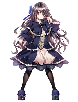 1girl 9-nine- absurdres alternate_hair_length alternate_hairstyle black_capelet black_dress black_hair black_pantyhose black_shoes blue_bow blue_ribbon blush bow brooch capelet closed_mouth commentary dress eyelashes floating_hair floral_print floral_print_dress footwear_bow frilled_capelet frilled_dress frilled_sleeves frills full_body gem gothic_lolita hair_between_eyes hair_bow hair_intakes hair_ornament hair_ribbon hairclip hand_on_own_hip hand_up highres jewelry light_frown lips lolita_fashion long_hair long_sleeves looking_at_viewer medium_dress official_alternate_costume pantyhose print_dress red_eyes red_gemstone ribbon rose_print shoes sidelocks simple_background solo split_mouth standing sukonbu385 very_long_hair watermark white_background white_bow wide_sleeves yuuki_noa