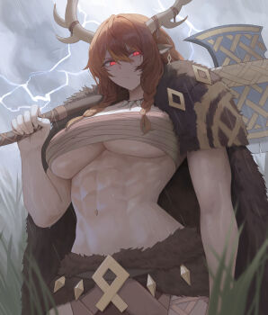 1girl abs absurdres animal_ears antlers arm_at_side axe battle_axe braid breasts brown_hair closed_mouth commentary_request cowboy_shot day diamond_(shape) diana_(trickcal) double-parted_bangs earrings from_below glowing glowing_eyes grass grey_sky hair_between_eyes hair_over_shoulder hand_up highres holding holding_axe holding_weapon horns jewelry junmin korean_commentary large_breasts lightning long_bangs long_hair long_sidelocks looking_at_viewer looking_down muscular muscular_female navel necklace no_shirt outdoors overcast rain red_eyes sarashi sidelocks sky solo standing stomach tooth_necklace trickcal twin_braids underboob water_drop weapon