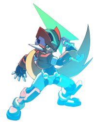 Rule 34 | 1boy, absurdres, armor, blonde hair, boots, cropped jacket, crotch plate, energy sword, forehead jewel, full body, glowing, green eyes, hashtag-only commentary, helmet, hi-go!, highres, holding, holding sword, holding weapon, jacket, light trail, long hair, male focus, mega man (series), mega man zx, model zx (mega man), power armor, red armor, red footwear, red helmet, red jacket, solo, sword, vent (mega man), weapon