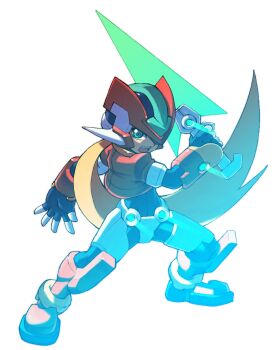 1boy absurdres armor blonde_hair boots cropped_jacket crotch_plate energy_sword forehead_jewel full_body glowing green_eyes hashtag-only_commentary helmet hi-go! highres holding holding_sword holding_weapon jacket light_trail long_hair male_focus mega_man_(series) mega_man_zx model_zx_(mega_man) power_armor red_armor red_boots red_helmet red_jacket solo sword vent_(mega_man) weapon