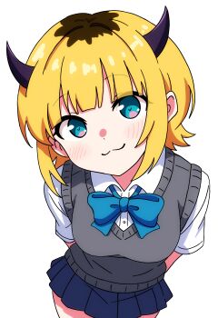 1girl :3 absurdres aqua_eyes black_horns blonde_hair blue_skirt breasts closed_mouth grey_vest highres horns leaning_forward looking_at_viewer memcho oshi_no_ko pioartstuff shirt short_hair simple_background skirt smile solo vest white_background white_shirt