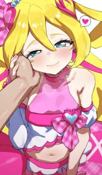 1boy 1girl bare_shoulders blonde_hair blue_eyes bow bow_choker breasts choker closed_mouth commentary_request crop_top cure_idol detached_sleeves hair_between_eyes hair_ornament hair_ribbon hand_on_another&#039;s_cheek hand_on_another&#039;s_face hand_on_another&#039;s_hand heart heart-shaped_hair heart_hair_ornament heart_in_eye highres idol_heart_brooch_(precure) kimi_to_idol_precure long_hair looking_at_viewer magical_girl midriff mo_(boo1719501boo) multicolored_hair navel pink_bow pink_choker pink_hair pink_ribbon pink_shirt pink_skirt plaid_ribbon pov pov_hands precure puffy_detached_sleeves puffy_sleeves ribbon sakura_uta_(precure) shirt skirt small_breasts smile solo_focus speech_bubble spoken_heart streaked_hair symbol_in_eye two-tone_hair white_sleeves