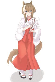 Rule 34 | 1girl, animal ears, blue eyes, blush, brown hair, cheval grand (umamusume), closed mouth, commentary request, gohei, hair between eyes, hakama, hakama skirt, highres, horse ears, horse girl, horse tail, japanese clothes, kimono, long hair, looking at viewer, miko, multicolored hair, oonusa, red hakama, rein (user kmes7822), sandals, simple background, skirt, socks, solo, streaked hair, tabi, tail, umamusume, white background, white hair, white kimono, white socks