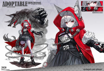 1girl 2020 adoptable allosauc animal_ear_fluff animal_ear_piercing animal_ears artist_name belt black_belt black_dress black_footwear boots breasts buttons chain claws cleavage cloak close-up closed_mouth commentary cowboy_shot deviantart_username dress elbow_gloves english_commentary english_text frown fur-trimmed_gloves fur_trim gloves gradient_background grey_background high_heel_boots high_heels highres hood hood_up hooded_cloak large_breasts looking_at_viewer mechanical_arms multiple_views original outstretched_arms pointy_boots red_cloak red_eyes red_hood reference_sheet short_dress short_hair simple_background tail torn_clothes torn_dress triangle_background werewolf white_hair wolf_ears wolf_tail