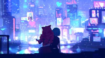 Rule 34 | 3girls, absurdres, animal ears, arm at side, arm rest, black shirt, blue hair, blurry, bokeh, building, cat ears, cat girl, city lights, cityscape, commentary, depth of field, drill hair, english commentary, heart, highres, kira miki, lake, multiple girls, neon lights, outdoors, red hair, reflection, reflective liquid, rnna, scenery, sei asagiri, shirt, short hair, side-by-side, sitting, stella hoshii, va-11 hall-a, wide shot