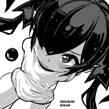 1girl arms_behind_back backbeako_(torotei) backbeard blush breasts closed_mouth commentary covered_erect_nipples dated dated_commentary dutch_angle gegege_no_kitarou greyscale gym_shirt hair_over_one_eye hair_ribbon loli long_hair looking_at_viewer monochrome one_eye_closed original paid_reward_available pointy_ears ribbon shirt short_sleeves simple_background small_breasts solo sweat torotei twintails watermark web_address white_background