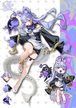 1girl ankle_cuffs bone_tail chibi deitaku pointy_ears purple_eyes sleeves_past_fingers sleeves_past_wrists thigh_strap tongue tongue_out wrist_cuffs