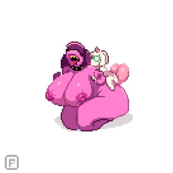 1boy 1girl ahegao breasts colored_skin completely_nude deltarune furry furry_male furry_with_non-furry highres huge_breasts huge_penis huge_testicles interspecies long_hair looking_at_viewer nipples nude open_mouth penis pink_skin pixel_art pixzapix purple_hair ralsei sex sex_from_behind simple_background susie_(deltarune) testicles tongue tongue_out utdr_(toby_fox) white_background white_skin