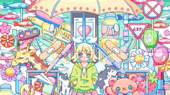 1girl animal animated animated_gif balloon bandaid blonde_hair cat chromatic_aberration colorful commentary dog english_commentary giraffe green_hoodie hair_ornament hair_ribbon hairclip hands_in_pockets heart hood hoodie husky kagamine_rin kagamine_rin_(melancholy) looking_at_viewer melancholic_(vocaloid) pen pixel_art red_skirt ribbon ru_(toyhamu) short_hair skirt smiley_face solo stuffed_animal stuffed_toy teddy_bear umbrella vocaloid white_ribbon yume_kawaii