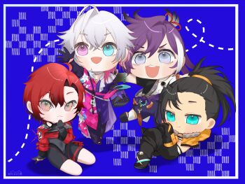 Rule 34 | 4boys, :3, :d, absurdres, ahoge, aqua eyes, banzoin hakka, banzoin hakka (1st costume), black bodysuit, black gloves, black hair, black pants, blue background, blue eyes, bodysuit, boots, bracelet, chibi, chibi only, coat, commentary, cropped jacket, crossed legs, elbow gloves, fang, flower, fur-trimmed jacket, fur trim, gavis bettel, gavis bettel (1st costume), gloves, hadanugi dousa, hakama, hakama pants, hand on own face, hat, heterochromia, highres, holding, holding unworn clothes, holding unworn hat, holostars, holostars english, holotempus, jacket, japanese clothes, jewelry, josuiji shinri, josuiji shinri (1st costume), kimono, lily (flower), long hair, machina x flayon, machina x flayon (1st costume), male focus, medium hair, multicolored coat, multicolored hair, multiple boys, nesaki, okobo, open kimono, open mouth, orange jacket, pants, pink eyes, pink hair, platform sandals, ponytail, print coat, purple hair, purple sash, reclining, red hair, red jacket, sandals, sash, shadow, short hair, single hair streak, sitting, smile, socks, streaked hair, striped clothes, striped coat, teeth, thigh boots, toe cleavage, top hat, untranslatable commentary, unworn hat, unworn headwear, upper teeth only, vertical-striped clothes, vertical-striped coat, virtual youtuber, white hair, white kimono, white socks, white streaks, yokozuwari