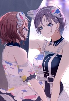 2girls asakura_toru blush breasts choker curtains dress gloves hat highres higuchi_madoka idolmaster idolmaster_shiny_colors multicolored_dress multiple_girls red_eyes red_hair short_hair smile white_gloves yuri