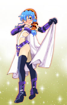 1girl black_thighhighs blue_hair cape dark_persona elbow_gloves full_body gloves long_hair looking_at_viewer luna_noah lunar lunar:_the_silver_star onnaski revealing_clothes smile solo thighhighs white_cape