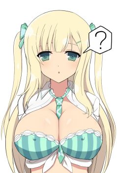 Rule 34 | 1girl, american school uniform, blonde hair, bra, breasts, covered erect nipples, green bra, green eyes, green necktie, hair ribbon, hanging breasts, large breasts, looking at viewer, manjou (q tiwj), necktie, open clothes, open mouth, open shirt, pigtail braids, ribbon, senran kagura, solo, speech bubble, thought bubble, underwear, yomi (senran kagura)
