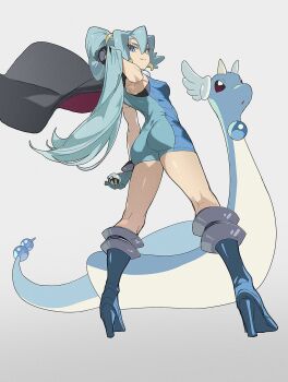 1girl ass black_cape blue_bodysuit blue_eyes blue_gloves blue_hair bodysuit boots breasts cape clair_(pokemon) commentary daniel_deng dragonair earrings from_behind gen_1_pokemon gloves highres jewelry knee_boots long_hair medium_breasts nintendo pokemon pokemon_(creature) pokemon_hgss thighs
