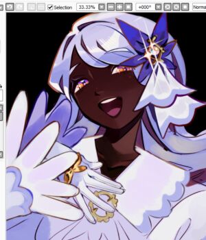 1girl black_background borcheim bow brooch dark-skinned_female dark_skin fascinator glint glove_bow gloves hair_ornament hand_on_own_chest hand_up jacinthe_(pokemon) jewelry long_hair long_sleeves looking_at_viewer nintendo open_mouth pokemon pokemon_legends:_z-a portrait purple_eyes purple_hair smile solo sparkling_eyes teeth upper_teeth_only very_dark_skin white_gloves yellow_bow