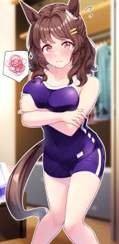 1girl @_@ absurdres animal_ears arms_under_breasts atelier_z44 blue_one-piece_swimsuit blurry blurry_background blush breasts brown_hair cleavage closed_mouth commentary_request covered_navel crossed_arms ear_ornament highres horse_ears horse_girl horse_tail indoors large_breasts light_hello_(umamusume) looking_at_viewer medium_breasts one-piece_swimsuit outline pink_eyes school_swimsuit solo spoken_squiggle squiggle standing swimsuit tail tracen_swimsuit umamusume white_outline