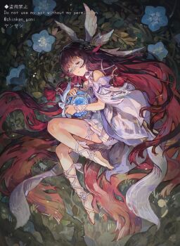 1girl absurdly_long_hair artist_name barefoot blue_flower brown_hair closed_eyes columbina_(genshin_impact) commentary_request dress flower full_body genshin_impact head_wings highres holding long_hair lying multicolored_hair on_side parted_lips red_hair short_dress solo twitter_username very_long_hair white_dress wings yanyan_(shinken_gomi)