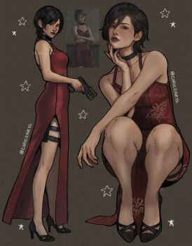 Rule 34 | 1girl, ada wong, bare arms, bare shoulders, black choker, black hair, black shoes, breasts, choker, ciricearts, clair handfessel, dress, full body, game screenshot inset, grey background, gun, hair between eyes, hand on own chin, high heels, highres, holding, holding gun, holding weapon, holster, long dress, medium breasts, multiple views, red dress, red lips, resident evil, resident evil 2, screenshot inset, shoes, short hair, side slit, sleeveless, sleeveless dress, solo, squatting, thigh holster, twitter username, weapon