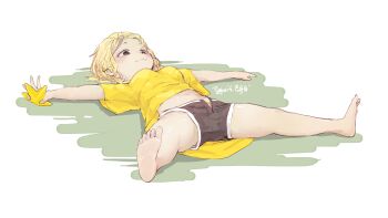Rule 34 | 1girl, absurdres, artist name, barefoot, black shorts, blonde hair, brown eyes, closed mouth, commentary, food, fruit, full body, highres, holding, holding food, holding fruit, lying, navel, on back, open clothes, open fly, open shorts, original, outstretched arms, personification, plants vs. zombies, pugwit, shirt, short hair, shorts, soles, solo, spread legs, starfruit, starfruit (plants vs zombies), t-shirt, yellow shirt