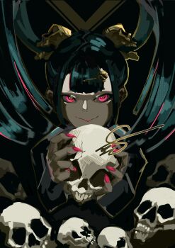 1girl absurdres black_background fingernails green_hair hair_ornament hairclip highres holding holding_skull long_fingernails original owlwy_(owl_roi) pile_of_skulls pink_eyes pink_nails skull skull_hair_ornament smile twintails