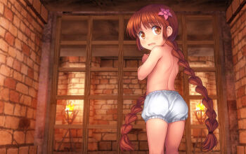 1girl ass bare_back bare_shoulders bars braid brown_eyes brown_hair covering_breasts covering_privates female_focus flower from_behind hair_flower hair_ornament hands_on_own_chest in_cell indoors kneepits kukuri_(mahoujin_guruguru) loli long_hair looking_back mahoujin_guruguru mutsuki_(moonknives) open_mouth panties prison_cell solo thighs topless_female torch twin_braids twintails underwear very_long_hair white_panties