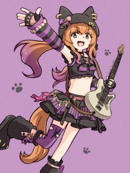 1girl airplane_hair_ornament animal_ear_headwear animal_earrings animal_ears arm_warmers bass_guitar bead_bracelet beads black_hat black_shoes blush bracelet breasts buckle commentary_request ears_under_headwear fake_animal_ears fingerless_gloves fretless_bass_guitar fretless_instrument gloves hat heart heart-shaped_buckle highres holding holding_bass_guitar holding_instrument horse_ears horse_girl instrument jewelry koshiba_taiyaki leg_warmers long_hair looking_at_viewer low_twintails mayano_top_gun_(rockin'_mewmeow)_(umamusume) mayano_top_gun_(umamusume) midriff navel official_alternate_costume official_alternate_hairstyle open_mouth orange_eyes orange_hair pumpkin_brooch punk purple_arm_warmers purple_background purple_thighhighs shoes single_thighhigh skirt small_breasts smile solo striped_arm_warmers striped_sleeves tail thighhighs twintails umamusume