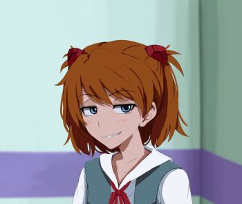 1girl alternate_hair_length alternate_hairstyle blue_eyes blurry blurry_background brown_hair commentary commission fang grin highres interface_headset_(evangelion) kurokimoko medium_hair neon_genesis_evangelion portrait raised_eyebrows school_uniform smile solo souryuu_asuka_langley tokyo-3_middle_school_uniform two_side_up